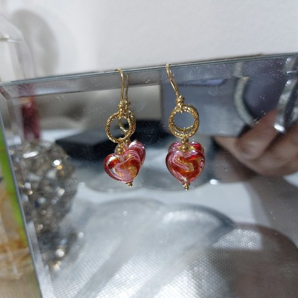 Ross Simons Italian Murano Glass Gold Heart Drop Earrings in 18kt Gold Over Ster - Picture 4 of 12